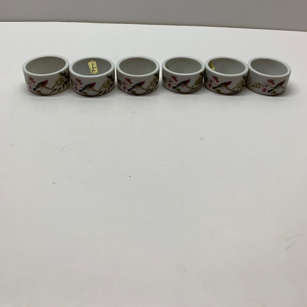 Vintage Shafford Japan Napkin Rings set 6 porcelain birds butterflies